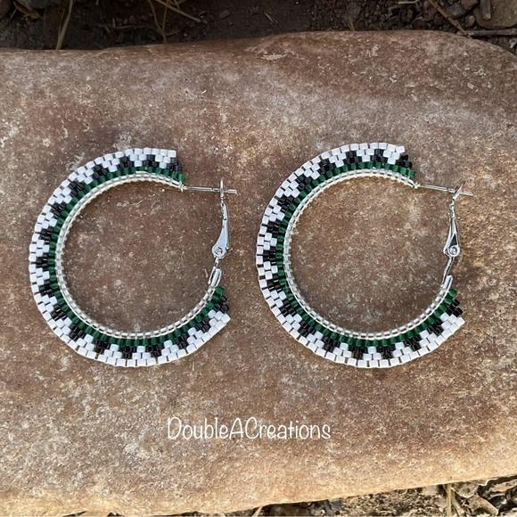 Green Navajo Basket Style 1 1/4” Beaded Hoops, New, Handmade by Me - Picture 1 of 7